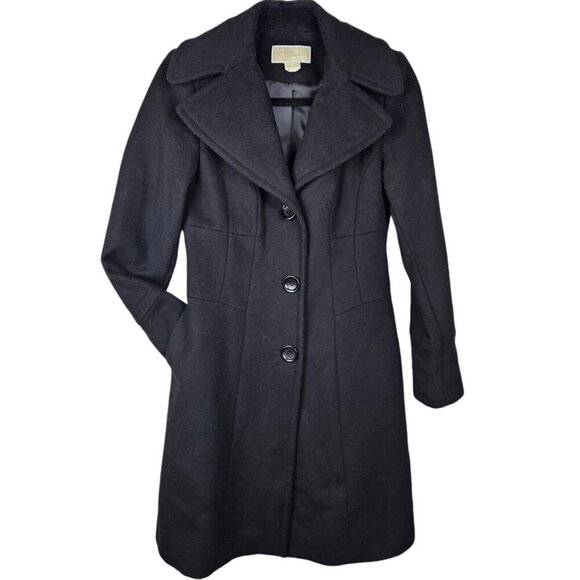 MICHAEL Michael Kors‎ Black Wool Cashmere Blend Single Breast Button Coat Size 2 - Picture 1 of 12